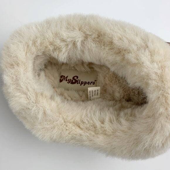 My Slippers Brown Leather Suede Faux Fur Lined Slip On Hard Sole Women's 6 - Picture 4 of 10